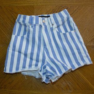 Express Super High Waisted Striped Raw Hem Mom Jean Shorts